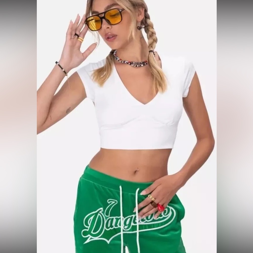 ADIKA Crop Top size M Open Back White short sleeve Tie Back NEW!